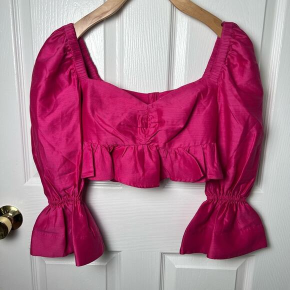 ALEMAIS Pink Ruffle Blouson 3/4 Sleeve Blaire Peplum Crop Top Fuchsia 2 - Picture 3 of 10
